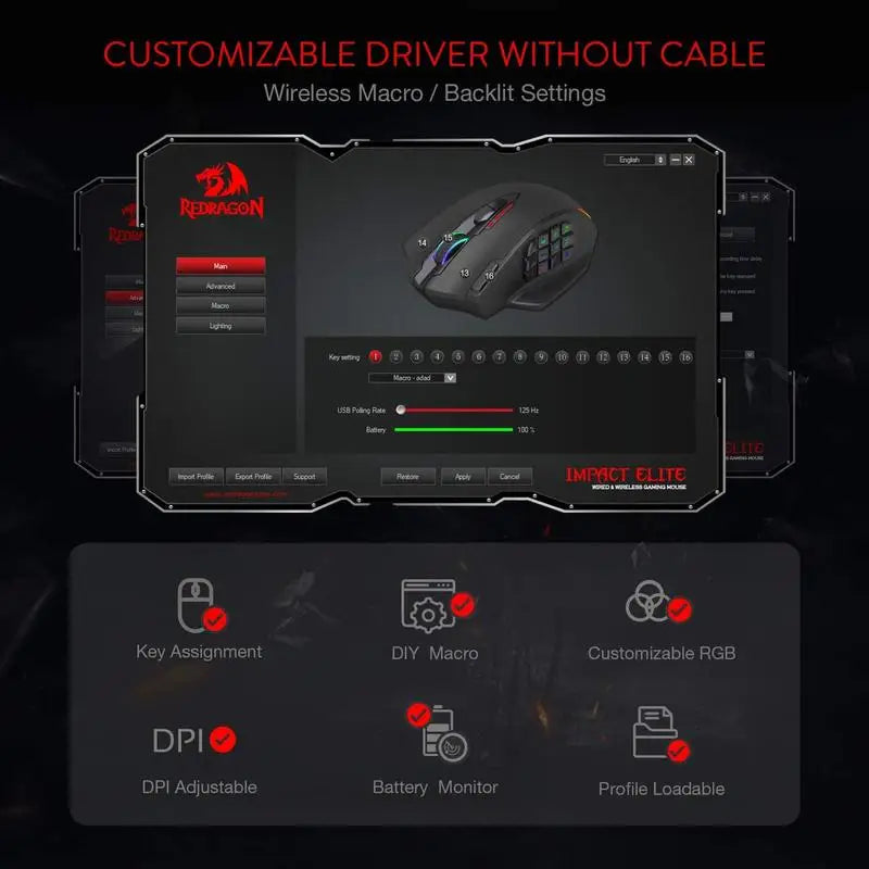 Redragon M913 Gaming 16000 DPI Wired 2.4Ghz Wireless RGB Optical Gamer Mice 16 Programmable Buttons, BlackWhite Mouse