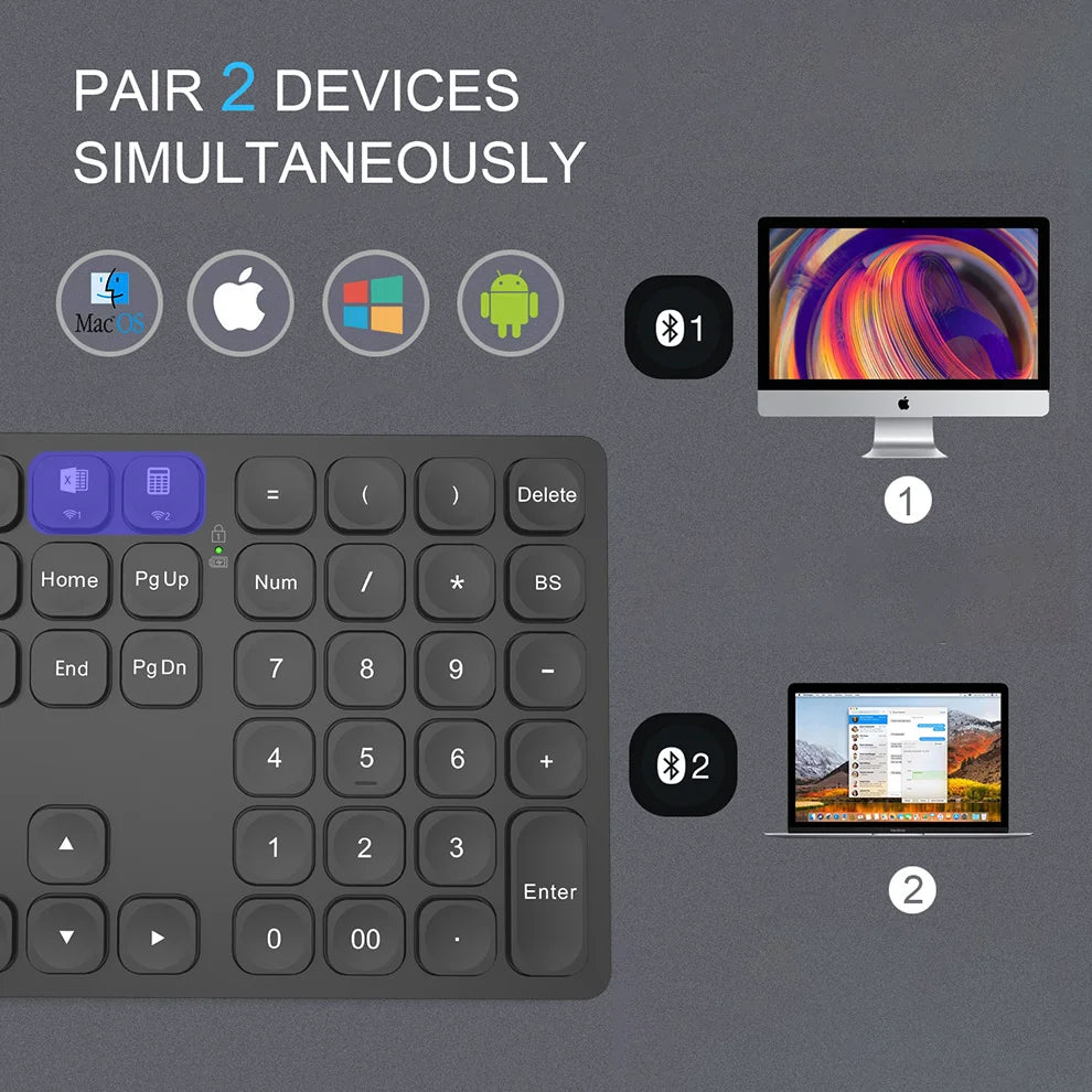 BOW Dual Bluetooth Numeric Keyboard Rechargeable Wireless Number Numpad for iPad Laptop Windows ios Slinet Digital Keyboard