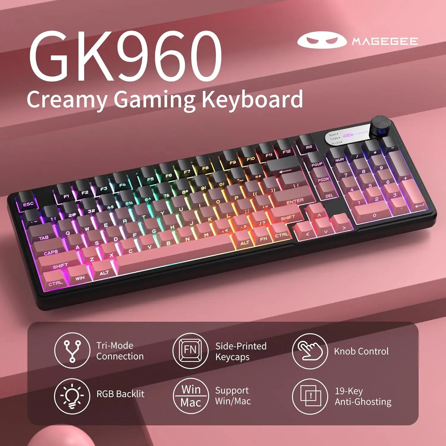 MageGee GK960 Wireless Gaming Keyboard, RGB Tri-Mode WiredBT2.4G Creamy Keyboard with Number Pad, 4000mAh Battery, Knob Contro
