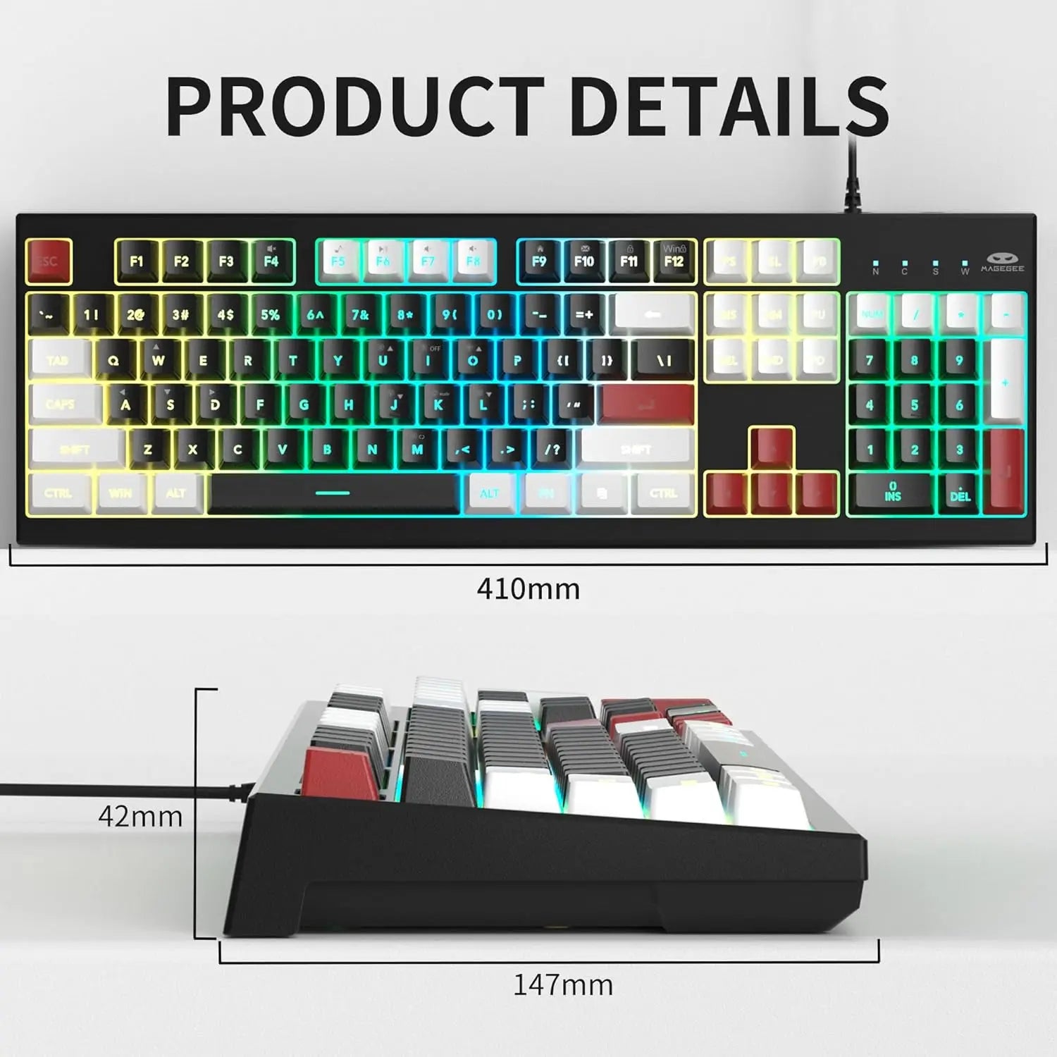 MageGee Creamy Keyboards,K2 Classic Keyboard Wired RGB Backlit 104 Keys Waterproof Ergonomic Keyboard,PC Keyboards for PCloptop